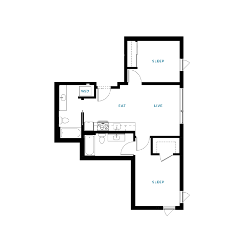 Floor plan for 2 beds, 2 baths, 753 sqft